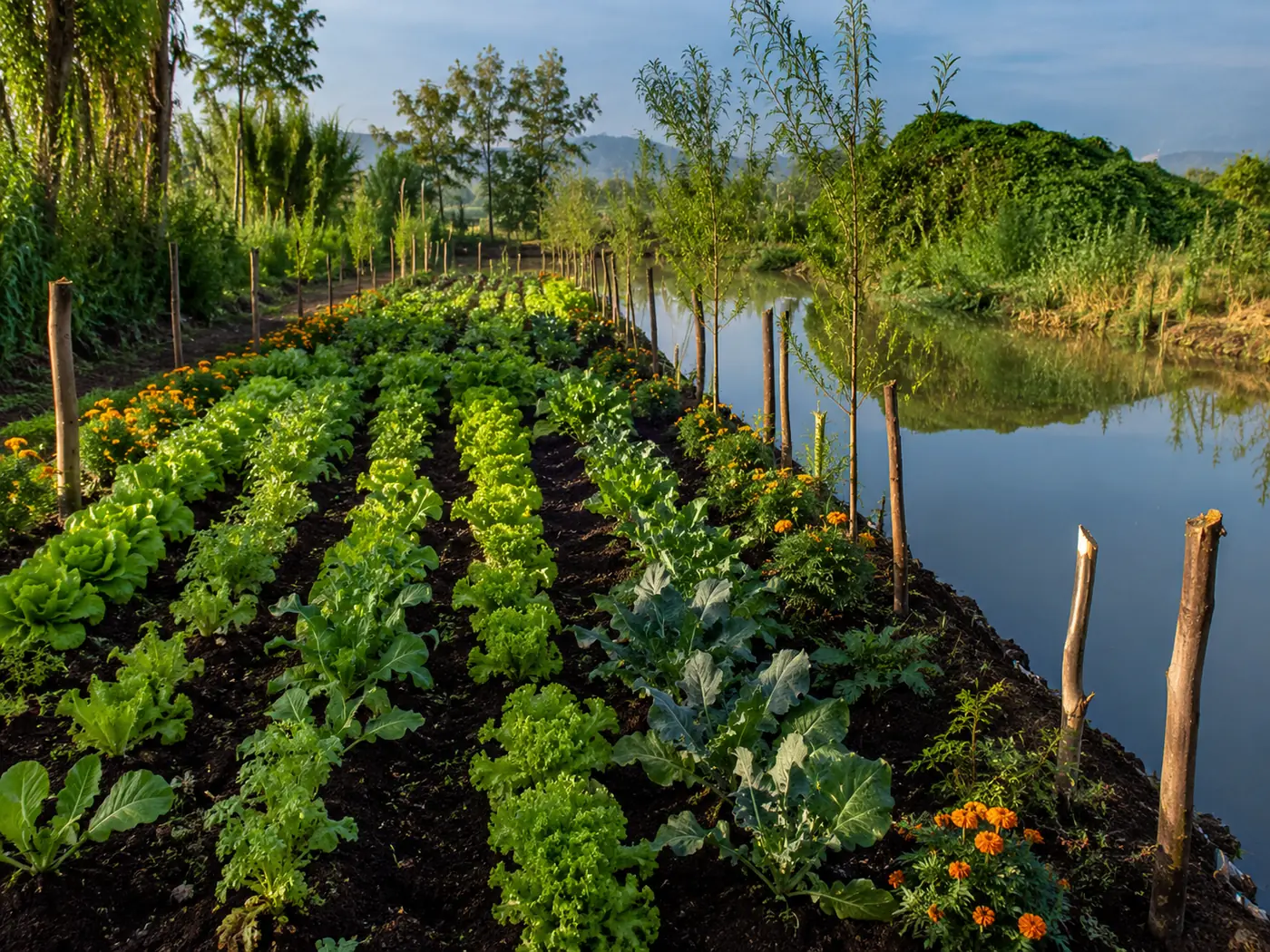 Reihen von Salat und Kohl auf einer chinampa, das Feld gesäumt von ahuejote-Pfählen, wo Erde und Kanal aufeinandertreffen