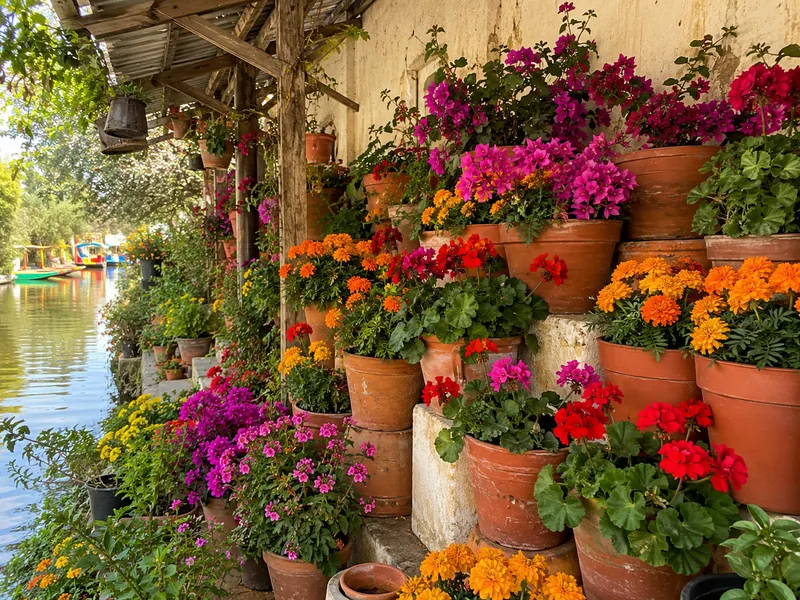 Gestapelte Terrakottatöpfe mit Ringelblumen, Geranien und Bougainvillea unter einem Holzdach in einer Gärtnerei am Kanal