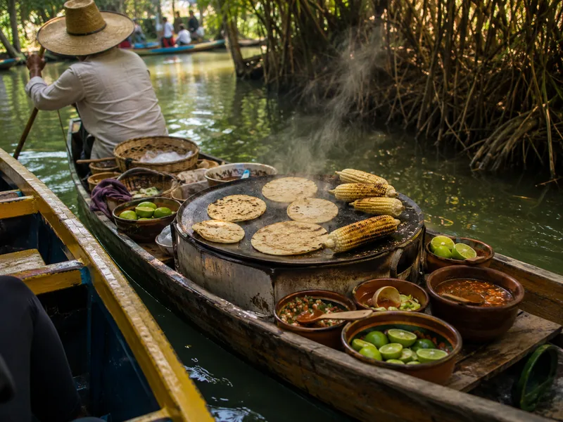 Das Ruderboot einer Händlerin längsseits, ein Comal mit dampfenden Tortillas und gegrilltem Mais, Tonschalen mit Salsa und Limetten